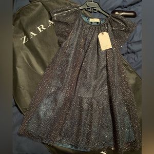 Girls Zara Dress Glitter Dark Green with Dustcover sz 9-10 NEW WITH TAGS